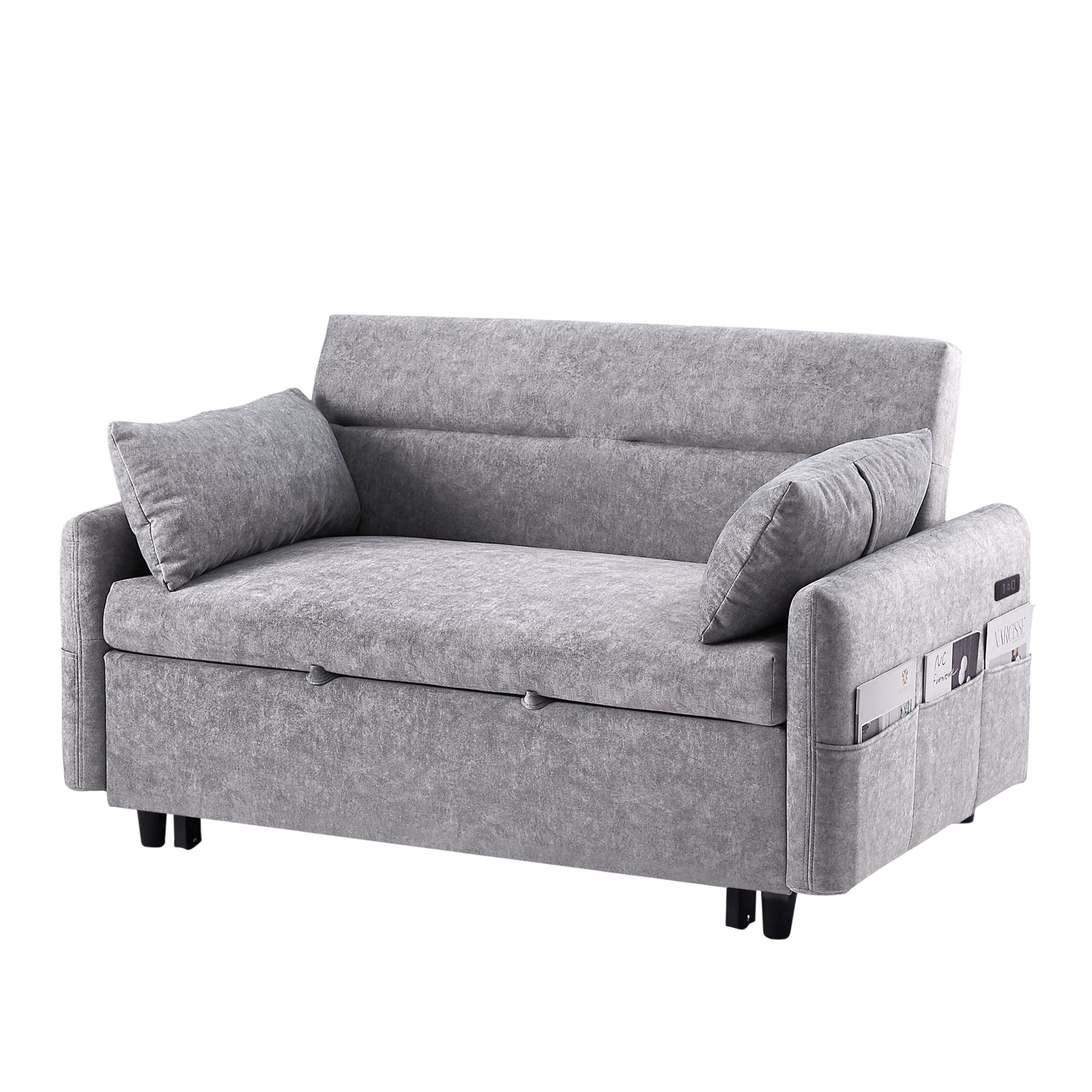 55.1" Pull Out Sleep Sofa Bed Loveseats Sofa Couch with Adjsutable Backrest, Storage Pockets, 2 Soft Pillows, USB Ports for Living Room, Bedroom, Apartment, Office,Grey (Old SKU:WF315689AAE)