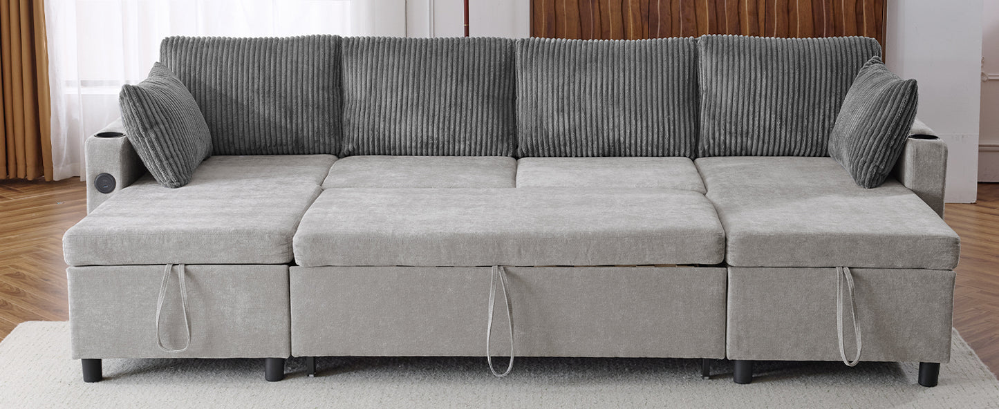 111.8" Sectional Sofa Pull-out Sofa Bed Versatile Sofa Sleeper with Large Storage Space, Two USB Ports and Two Cup Holders for Living Room, Grey