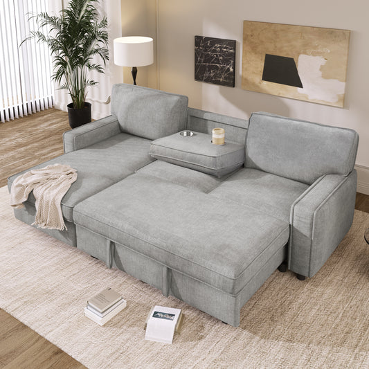 U_STYLE Upholstery Sleeper Sectional Sofa with Storage Space, USB port, 2 cup holders on Back Cushions(same sku; WY000335AAE)