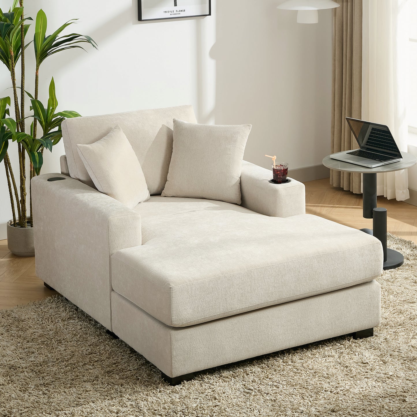 43.5" Oversized Chaise Lounger Modern Style Sofa Couch ,with Pillows, Charge Station & Cup Holders, Chenille Fabric, Cream