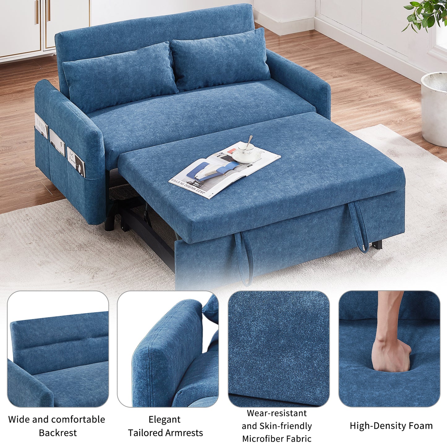 55.1" Pull Out Sleep Sofa Bed Loveseats Sofa Couch with Adjsutable Backrest, Storage Pockets, 2 Soft Pillows, USB Ports for Living Room, Bedroom, Apartment, Office, Blue (Old SKU: WF315689AAC)