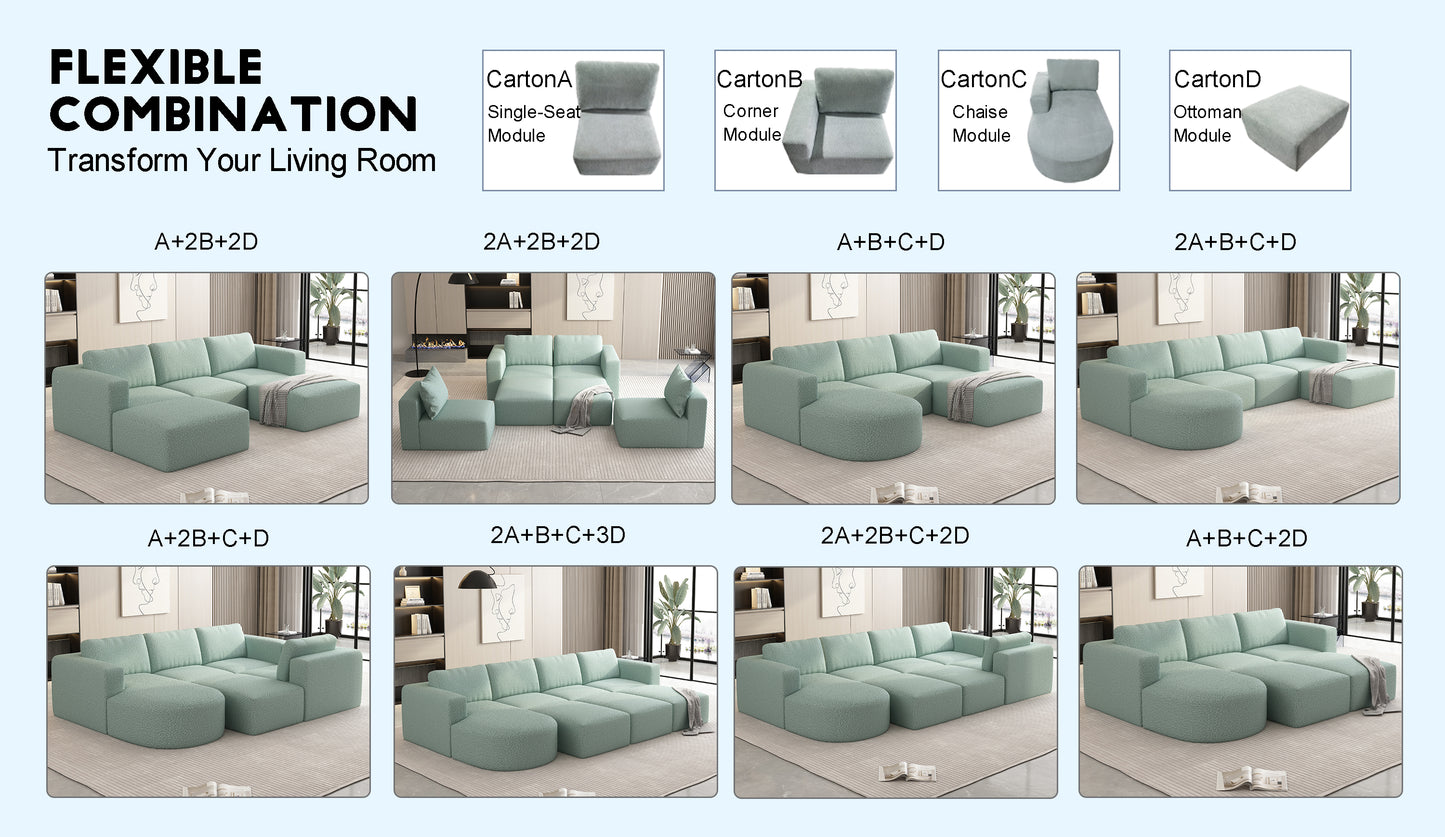 104.32*74.8 Modular Sectional Sofa Sleeper Couch, Sectional Sofa with Chaise and Ottoman, Convertible U Shaped Modular Sofa Set. Compressed spon, Light Green (Combo 2A+2B+2D)