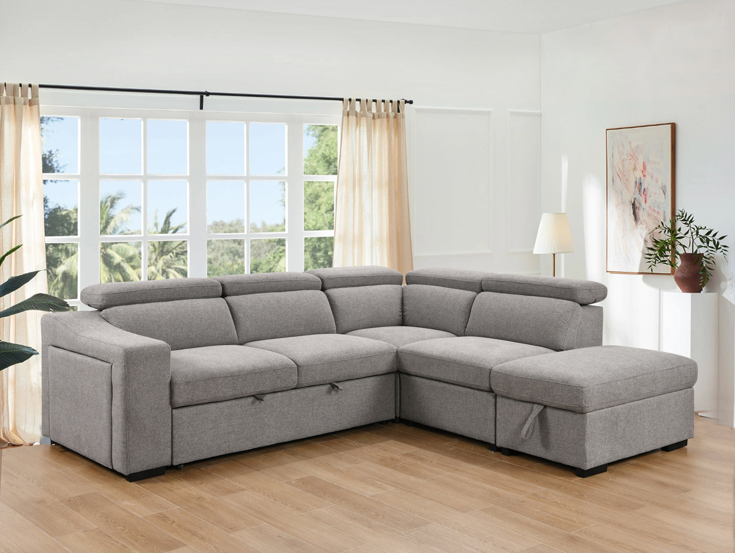 105"L-Shape Sectional Sofa with Pull-Out Bed and Ottoman Storage Space, Convertible Sleeper Couch, Arm with 1 Cup Holders and Wirelessly Charged, for Living Room, Apartment, Light Gray