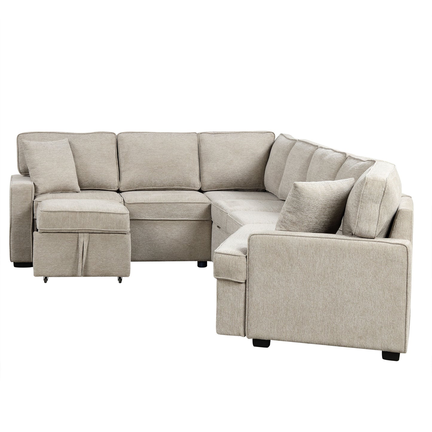 126" L-shaped Sofa Sectional Sofa Couch Pull-out Sofa Bed with Charging Devices and Cup Holders for Living Room, Beige