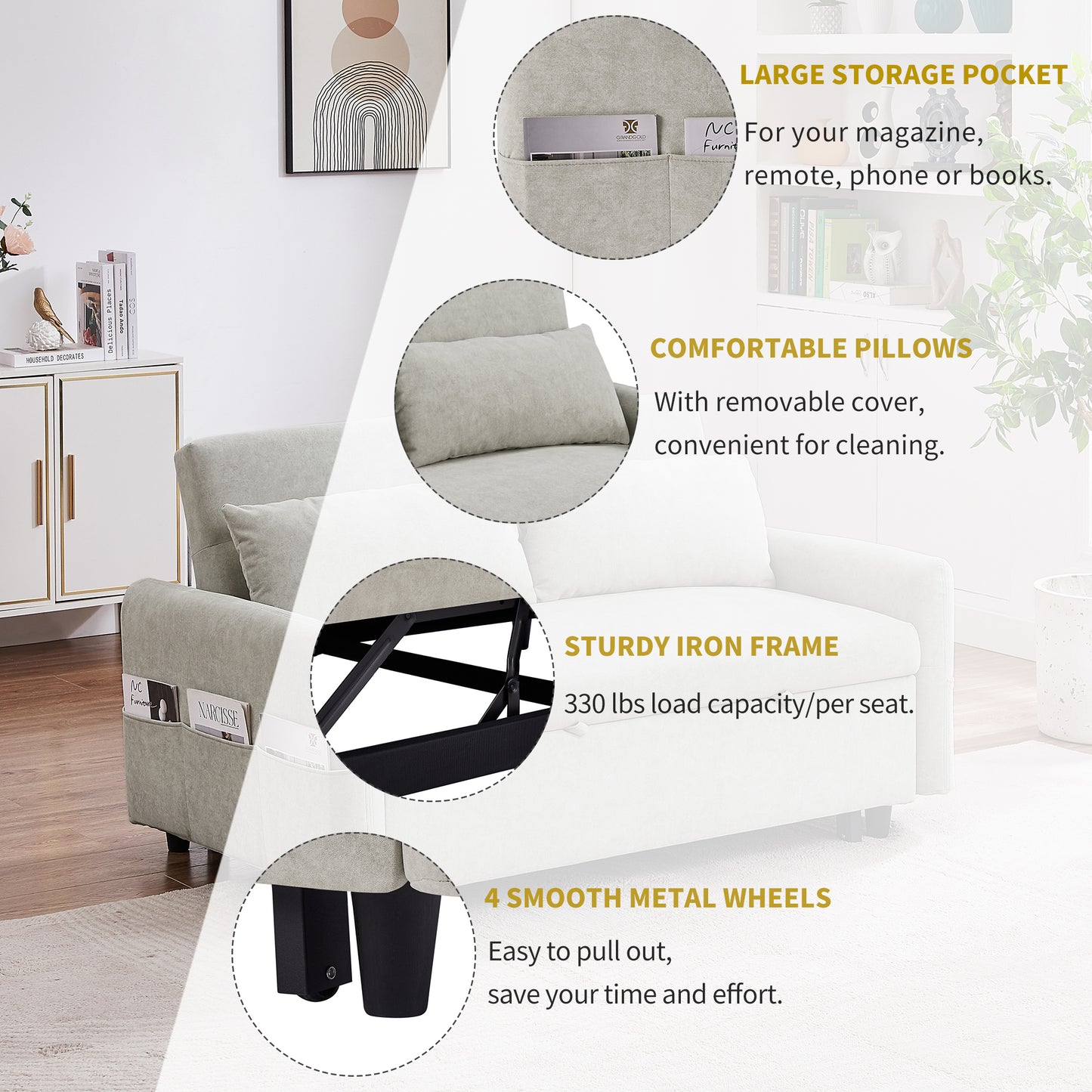 55.1" Pull Out Sleep Sofa Bed Loveseats Sofa Couch with Adjsutable Backrest, Storage Pockets, 2 Soft Pillows, USB Ports for Living Room, Bedroom, Apartment, Office, Beige (Old SKU: WF315689AAA)