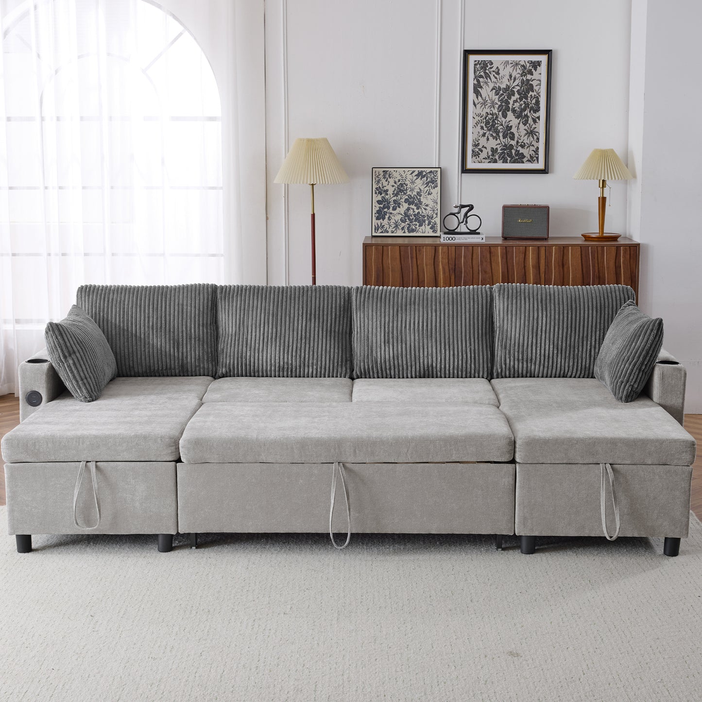 111.8" Sectional Sofa Pull-out Sofa Bed Versatile Sofa Sleeper with Large Storage Space, Two USB Ports and Two Cup Holders for Living Room, Grey