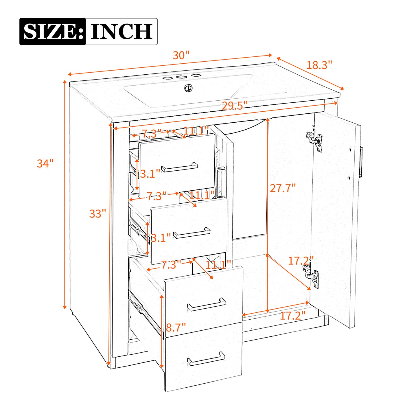 30'' Bathroom Vanity with Ceramic Sink Combo,Solid Wood Frame Bathroom Storage Cabinet, Freestanding Vanity Set with 3 Drawers& Soft Closing Doors