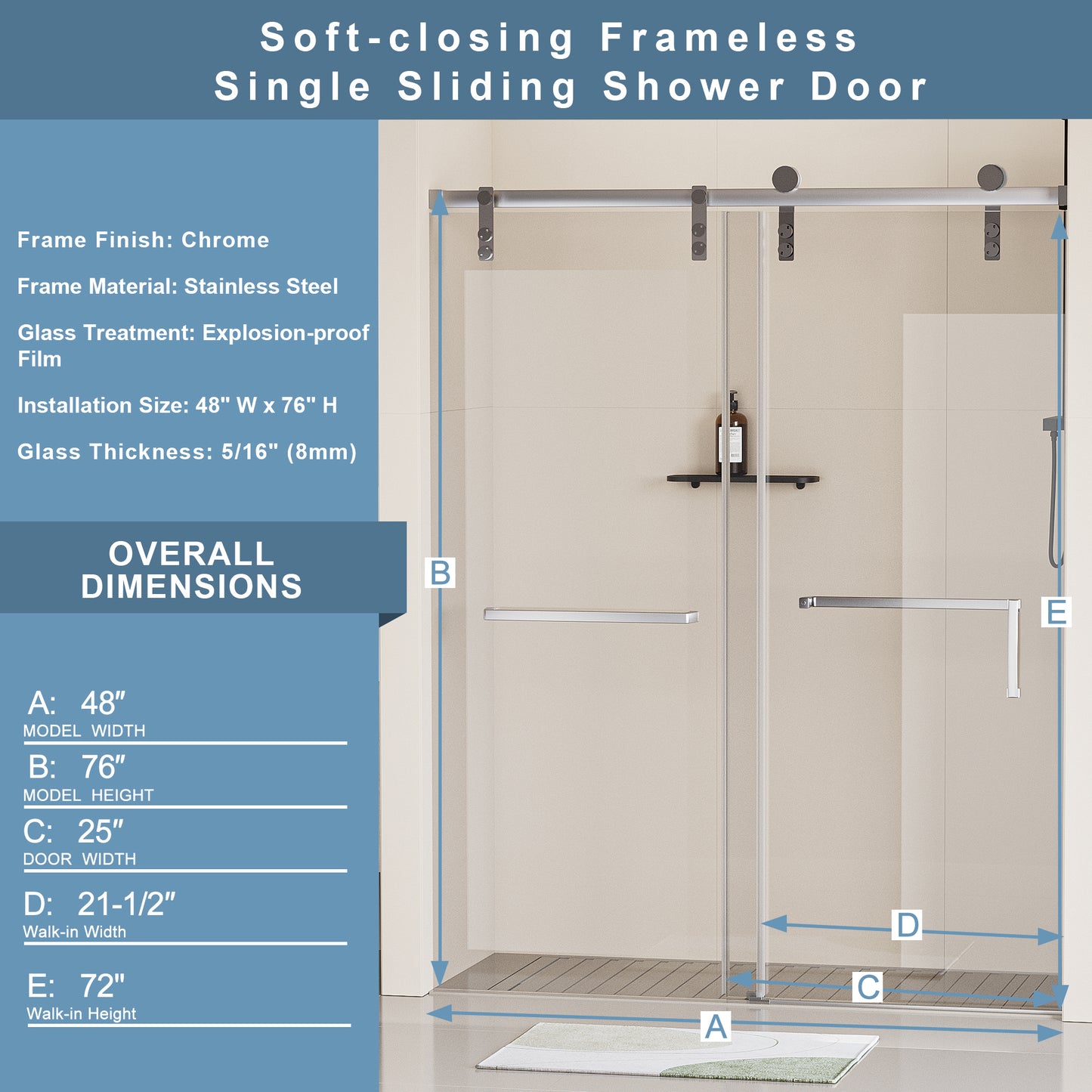 48 in. W x 76 in. H Frameless Soft-closing Shower Door, Single Sliding Shower Door, 5/16" (8mm) Clear Tempered Glass Shower Door with Explosion-Proof Film, Stainless Steel Hardware, Chrome 24D211-48C