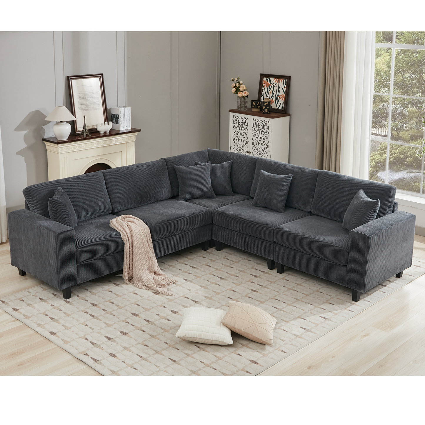 [NEW PACKAGING UPGRADE]Oversized Modular Sectional Sofa Set, L Shaped Couch,Corduroy ,Upholstered,Deep Seat,,5 Seat,5 Throw pillow and 6 back cushion,Living Room, Apartment , Gray