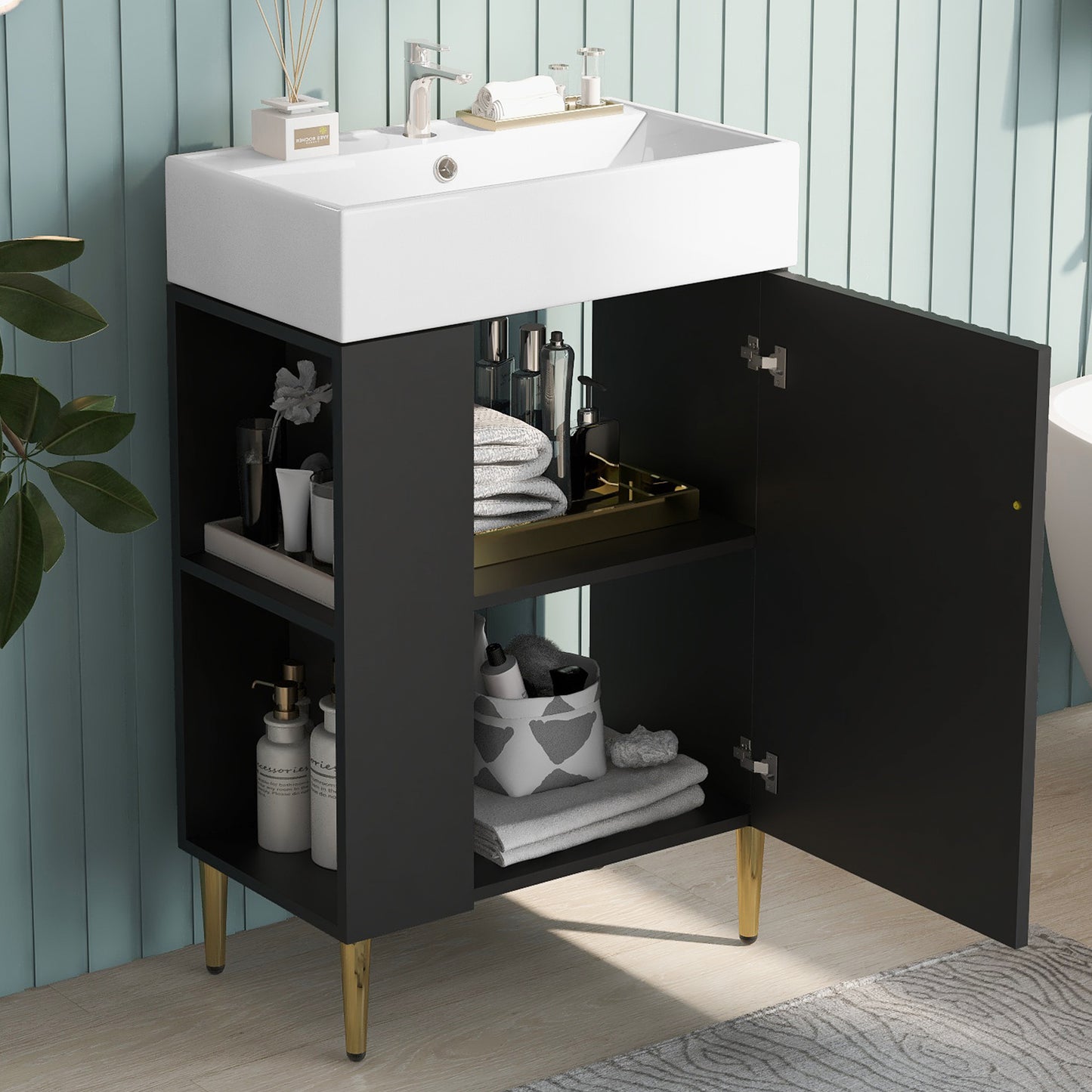 21.6" Black Bathroom vanity, Combo Cabinet, Bathroom Storage Cabinet, Single Ceramic Sink, Left side storage