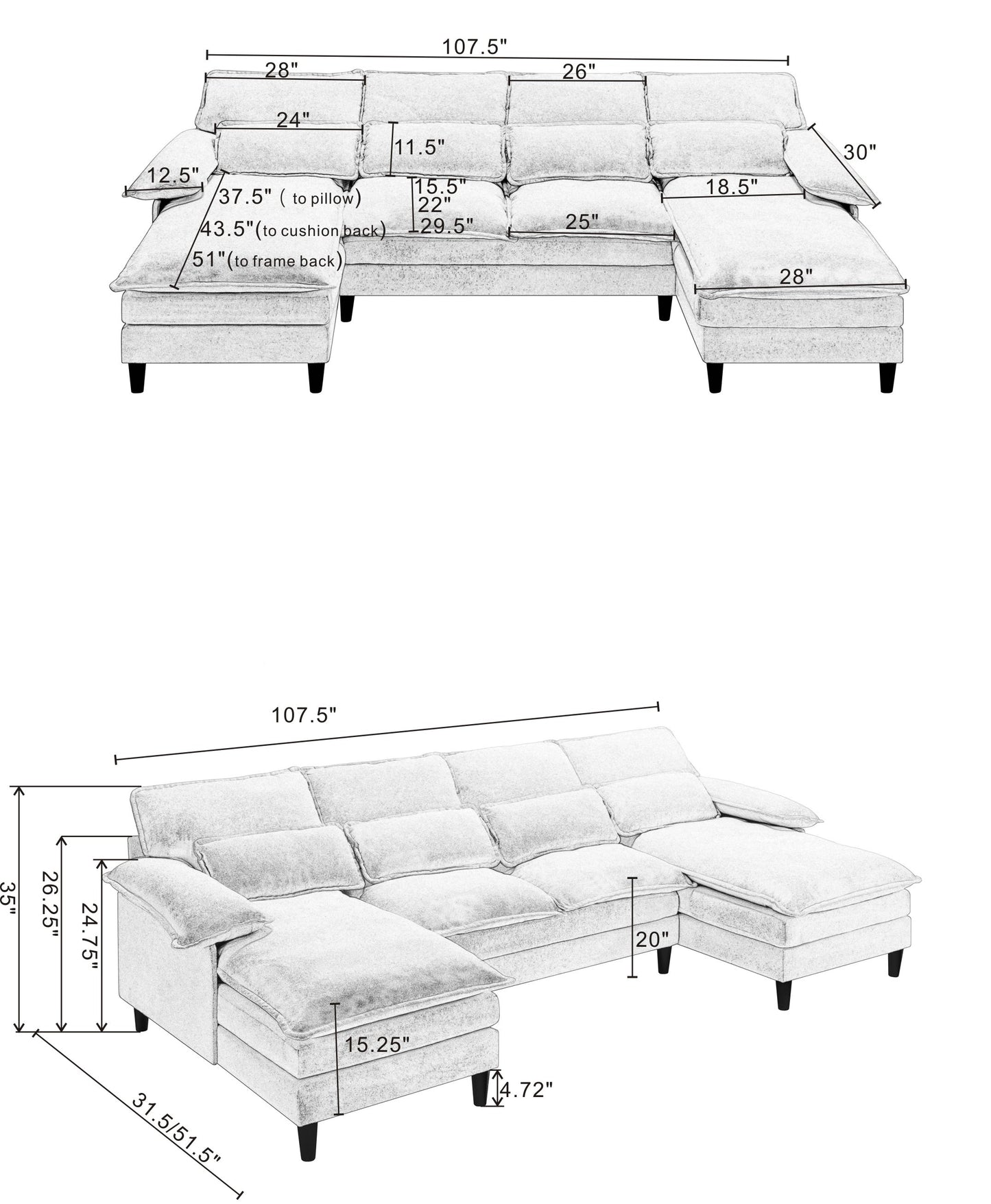 [VIDEO PROVIDED]U Shaped Modular Sectional Sofa Couch, corner sofa with 4pcs waist pillows, Chaise Lounge, terrycloth fabric sofa,Upholstered 4 Seater Couch for Living Room,GRAY