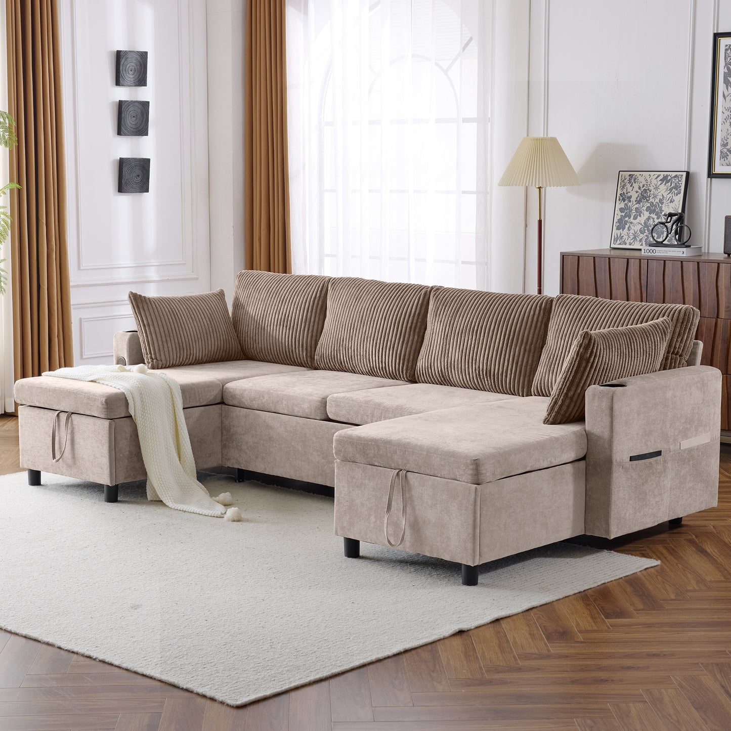 111.8" Sectional Sofa Pull-out Sofa Bed Versatile Sofa Sleeper with Large Storage Space, Two USB Ports and Two Cup Holders for Living Room, Brown