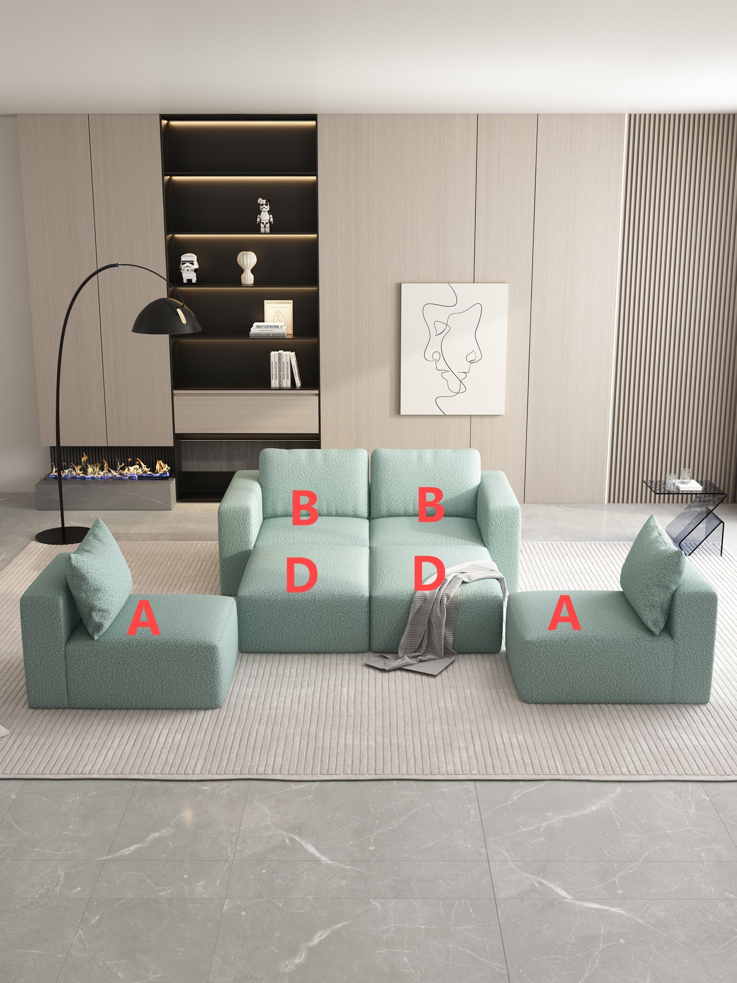 104.32*74.8 Modular Sectional Sofa Sleeper Couch, Sectional Sofa with Chaise and Ottoman, Convertible U Shaped Modular Sofa Set. Compressed spon, Light Green (Combo 2A+2B+2D)