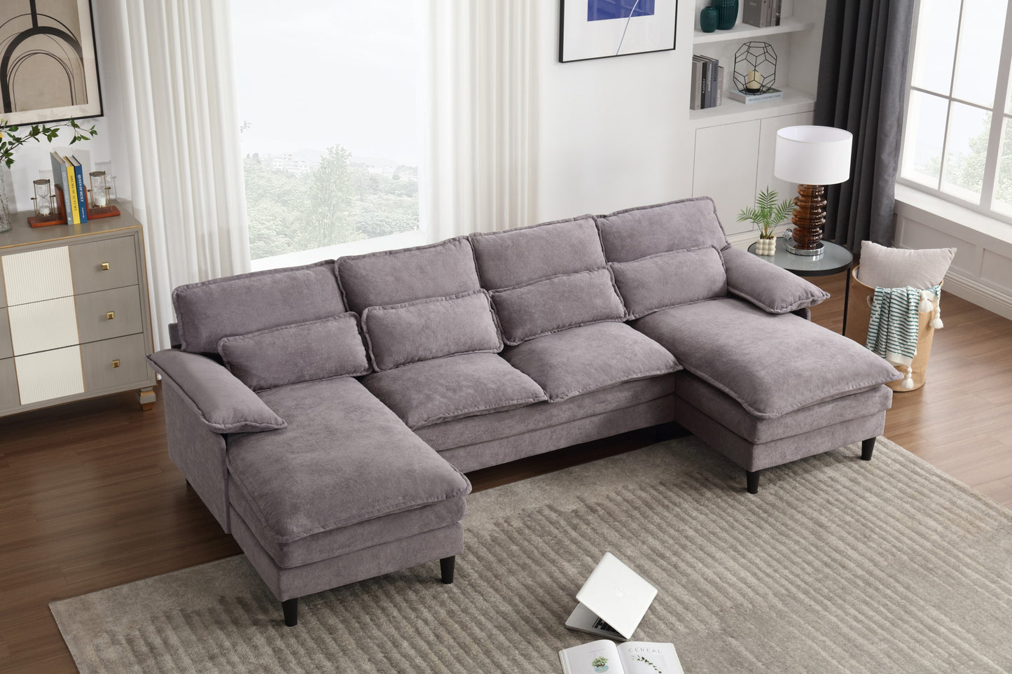 [VIDEO PROVIDED]U Shaped Modular Sectional Sofa Couch, corner sofa with 4pcs waist pillows, Chaise Lounge, terrycloth fabric sofa,Upholstered 4 Seater Couch for Living Room,GRAY