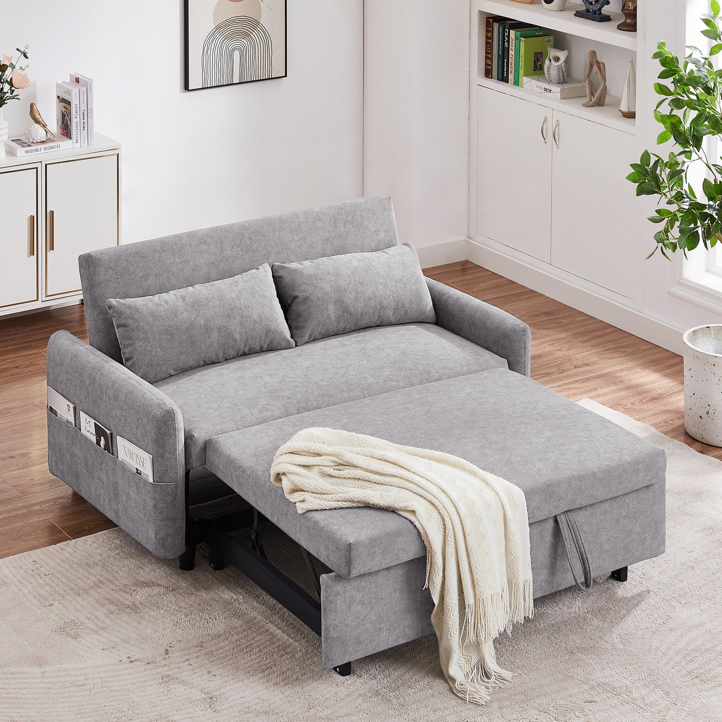 55.1" Pull Out Sleep Sofa Bed Loveseats Sofa Couch with Adjsutable Backrest, Storage Pockets, 2 Soft Pillows, USB Ports for Living Room, Bedroom, Apartment, Office,Grey (Old SKU:WF315689AAE)