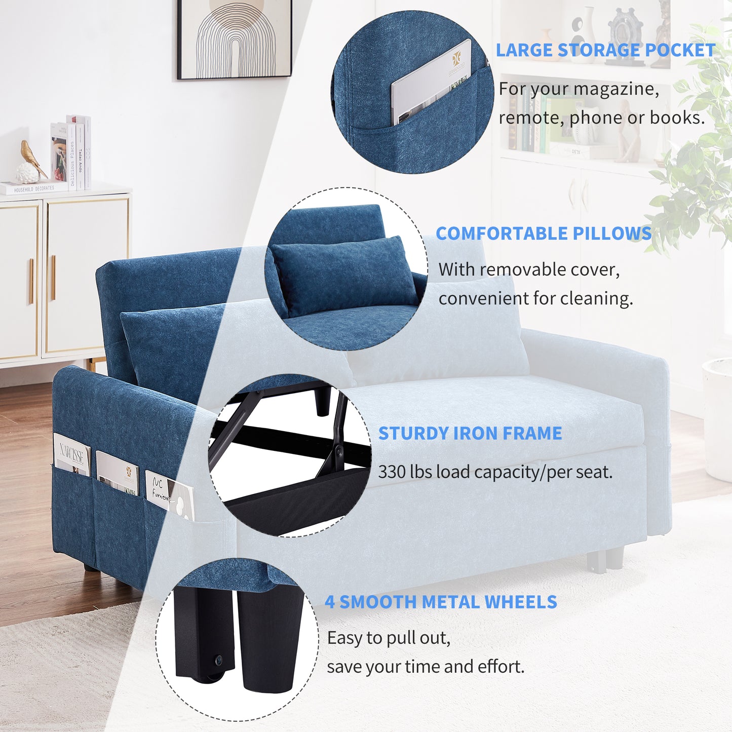 55.1" Pull Out Sleep Sofa Bed Loveseats Sofa Couch with Adjsutable Backrest, Storage Pockets, 2 Soft Pillows, USB Ports for Living Room, Bedroom, Apartment, Office, Blue (Old SKU: WF315689AAC)