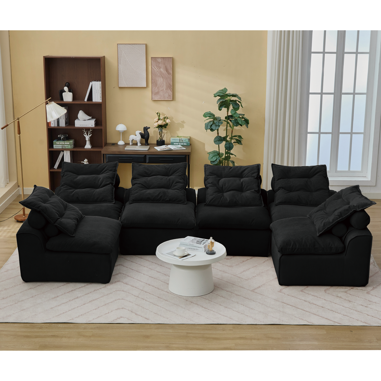 [NEW ARRIVED] [VIDEO PROVIDED]Modular Sofa,No Armrests,At will DIY,Corduroy ,Neck Pillow-Back Lounge Sofa Chair,Reading Nook, or Apartment Living, Lumbar Pillow,6 Seats,Upholstered,Black