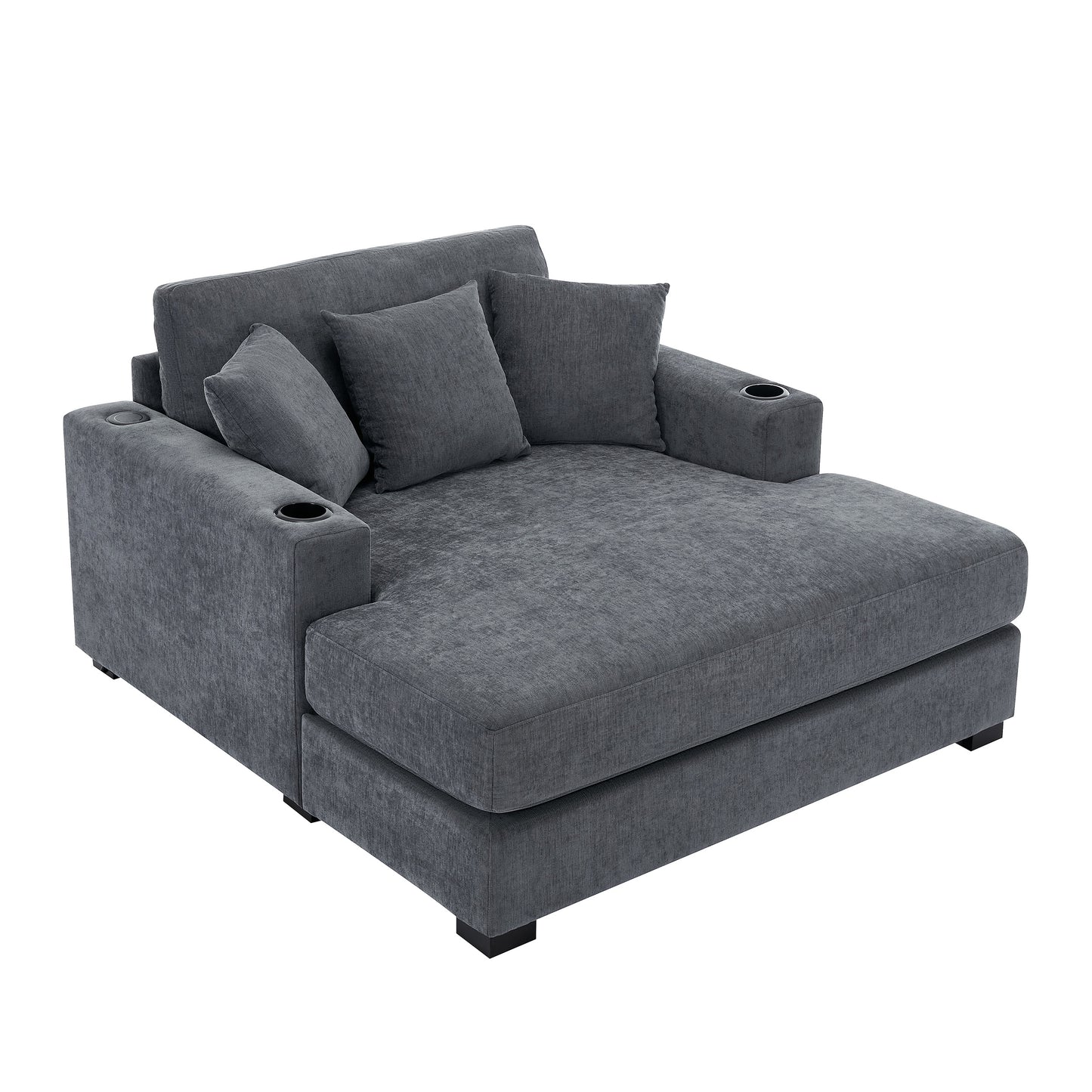 55" Oversized Chaise Lounger Modern Style Sofa Couch ,with Pillows, Charge Station & Cup Holders, Chenille Fabric, Blue Gray