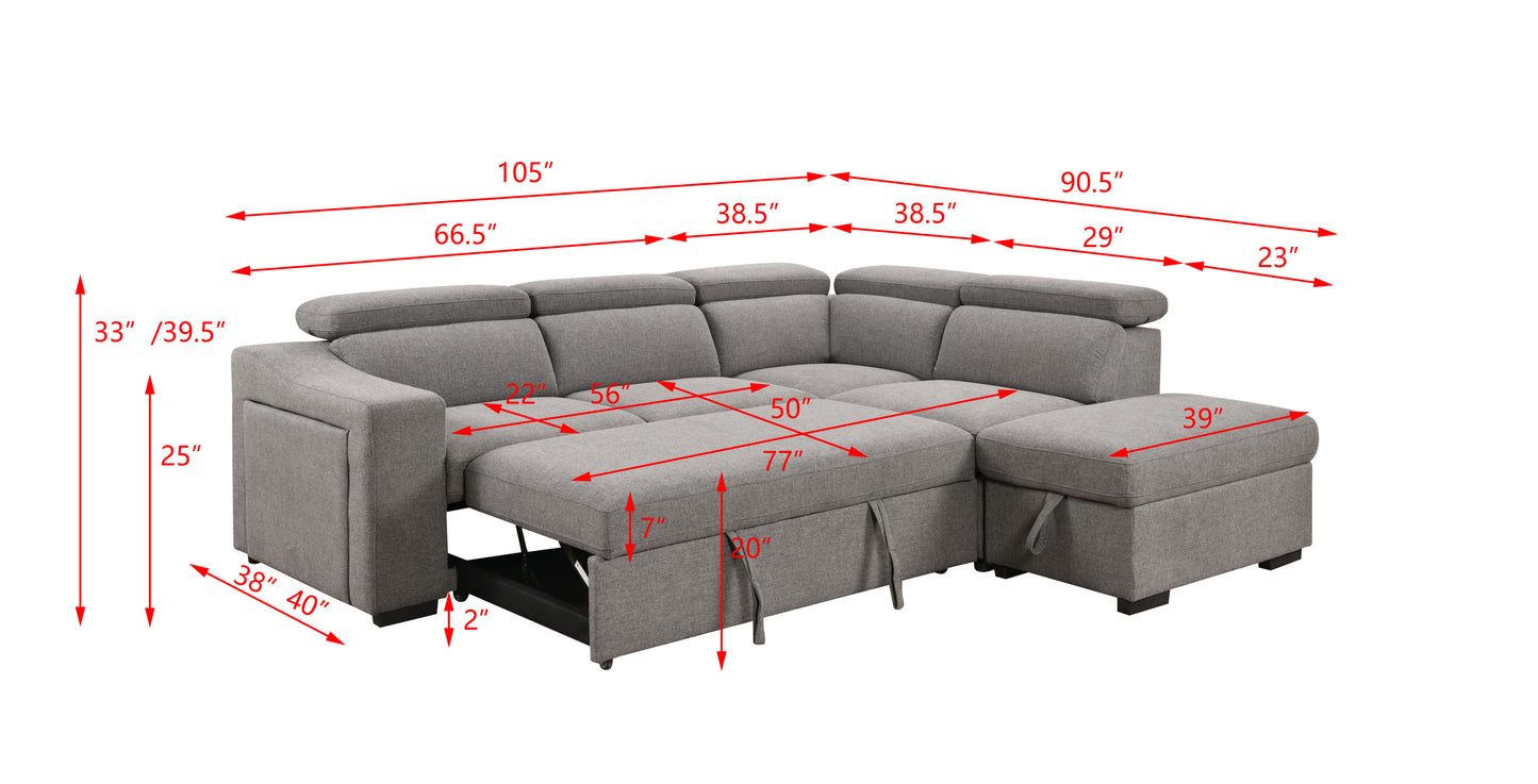 105"L-Shape Sectional Sofa with Pull-Out Bed and Ottoman Storage Space, Convertible Sleeper Couch, Arm with 1 Cup Holders and Wirelessly Charged, for Living Room, Apartment, Light Gray