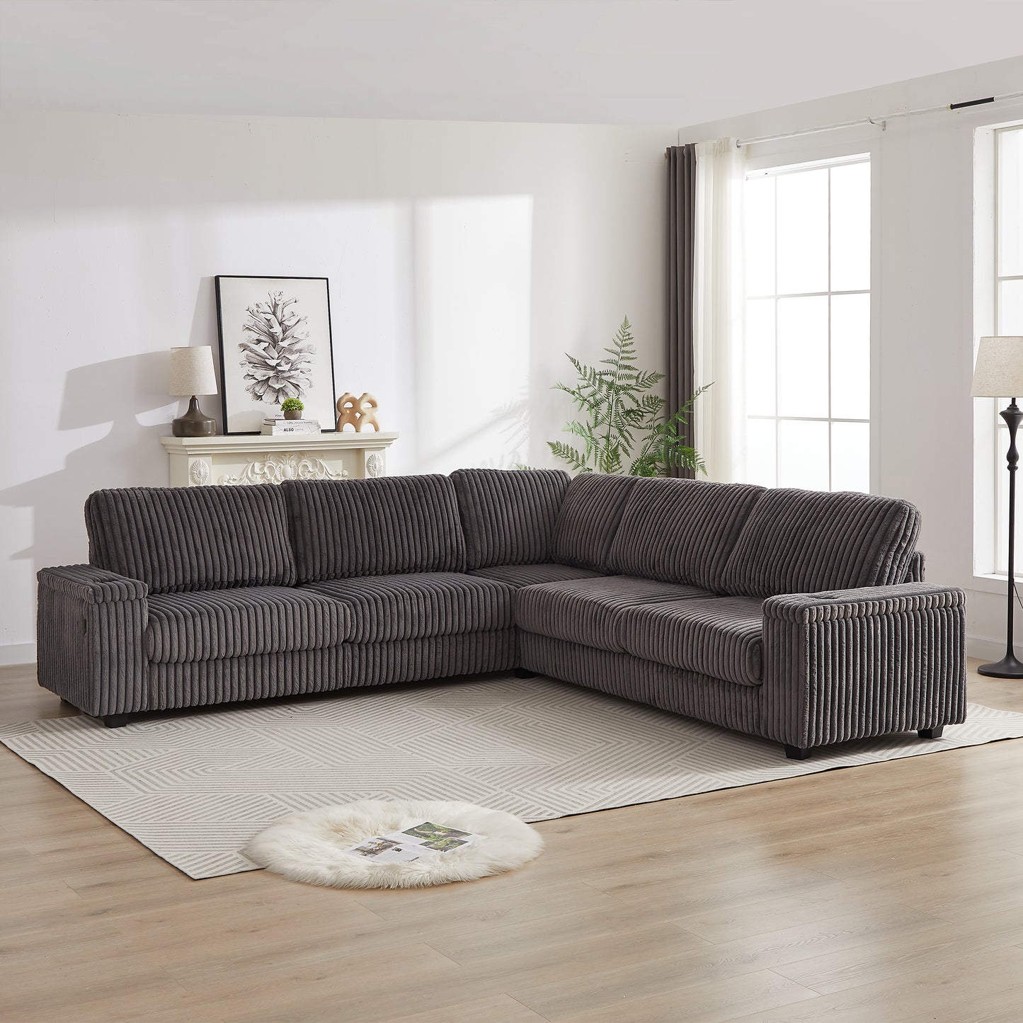 110-Inch Oversized Corduroy Corner Sofa,L Shaped Corner Couch with two storage spaces,USB port & Type-C port and Cup-holder , Deep Seat Comfy Upholstered Couches for Living Room(Not freely combinable)