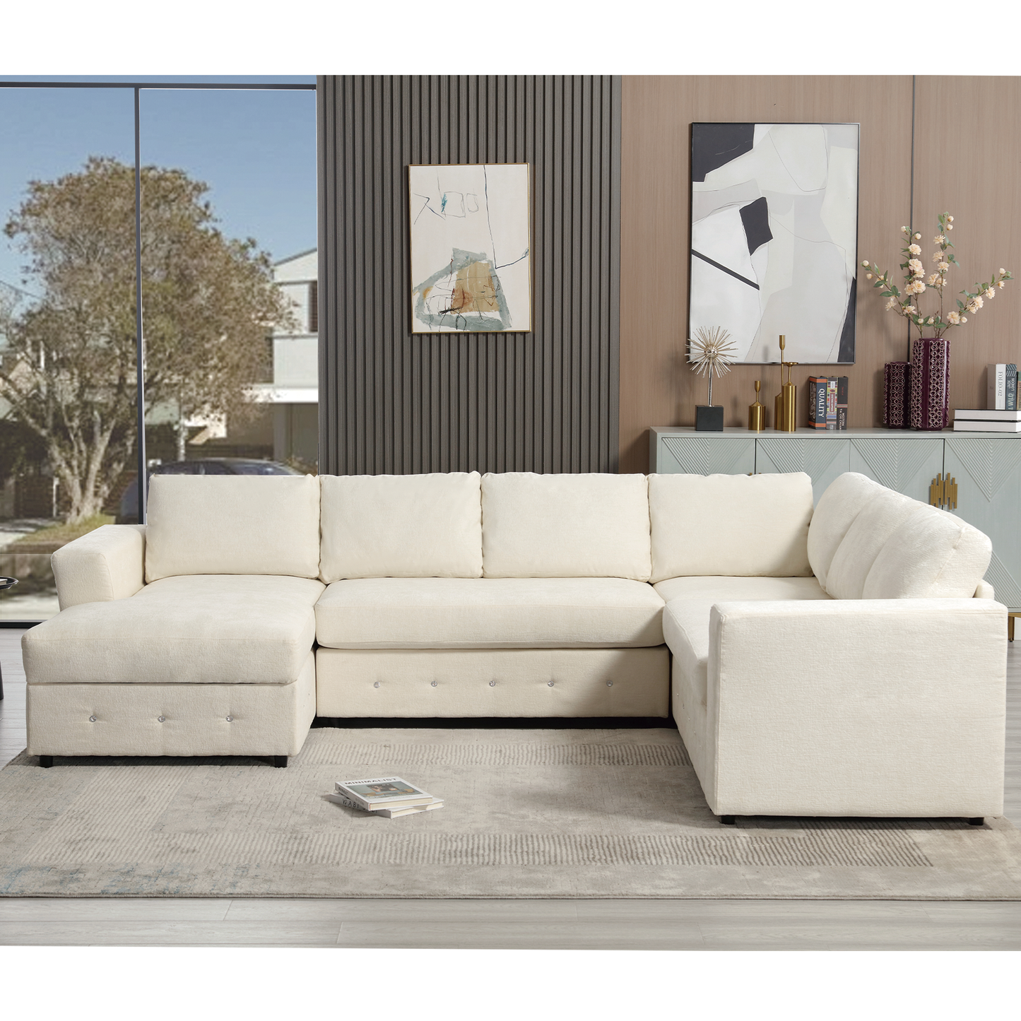 [NEW ARRIVED] [VIDEO PROVIDED]110.75" Sectional Sofa,Oversized modular sofa,Chaise Storage, Modern U Shaped  Couch , Upholstered Sofas,Chenille,Crystal button , Living Room, Apartment,  Beige