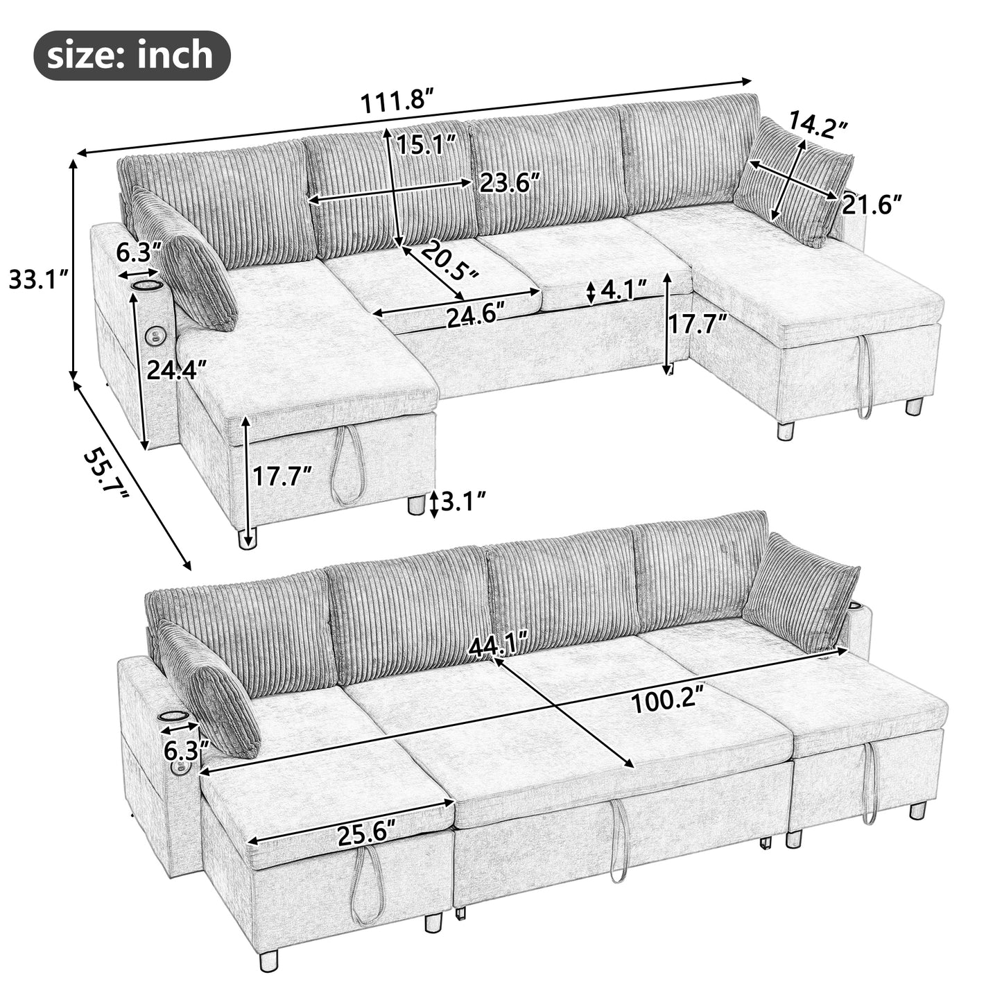 111.8" Sectional Sofa Pull-out Sofa Bed Versatile Sofa Sleeper with Large Storage Space, Two USB Ports and Two Cup Holders for Living Room, Grey