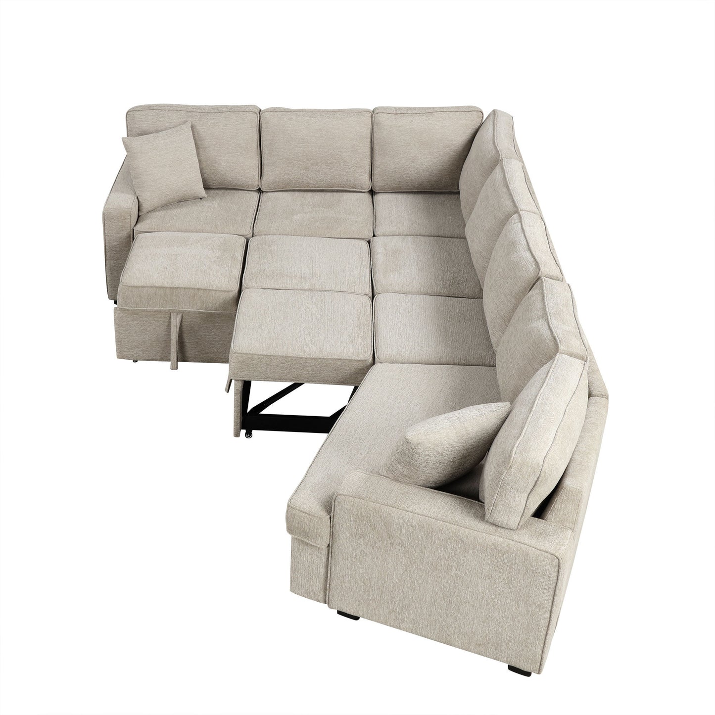 126" L-shaped Sofa Sectional Sofa Couch Pull-out Sofa Bed with Charging Devices and Cup Holders for Living Room, Beige