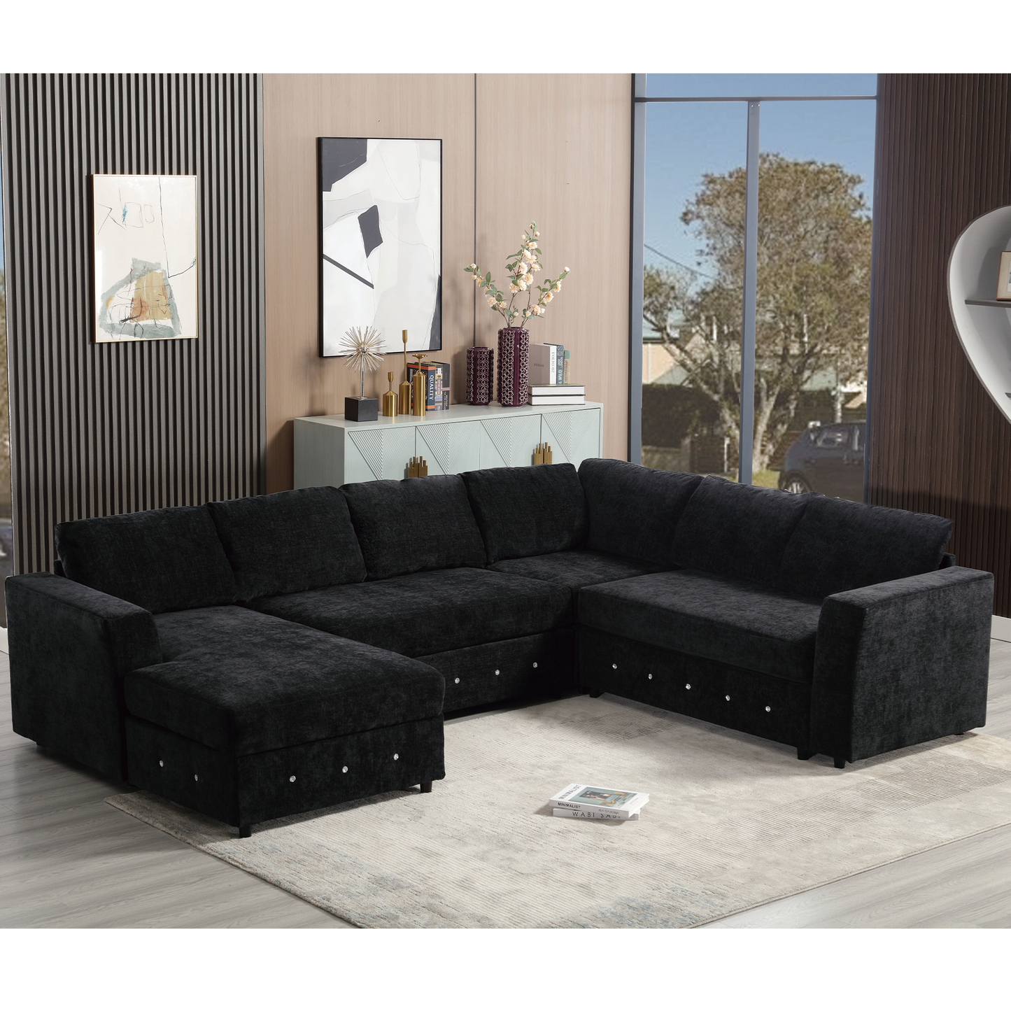 [NEW ARRIVED] [VIDEO PROVIDED]110.75" Sectional Sofa,Oversized modular sofa,Chaise Storage, Modern U Shaped  Couch , Upholstered Sofas,Chenille,Crystal button , Living Room, Apartment, Black