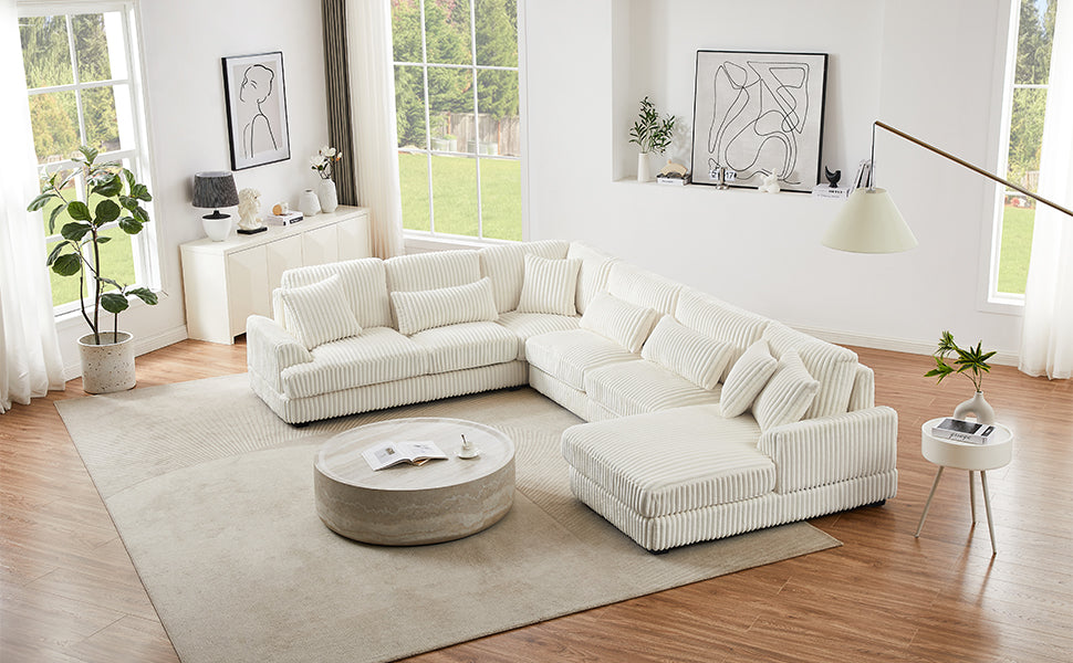 129" Oversized Sectional Sofa U-shaped Sofa Couch Modern Sofa Upholstered in Soft Corduroy with a Chaise Lounge for Living Room, Beige