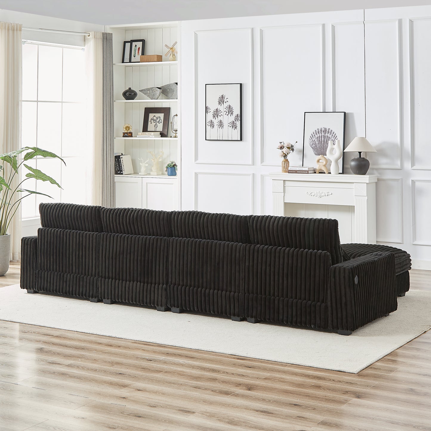 126-inch Corduroy With Cup Holder Super Large L-Shaped Sofa, Movable Footrest, Four Waist Pillows And Four Back Cushion, With USB Port And Type-C Port