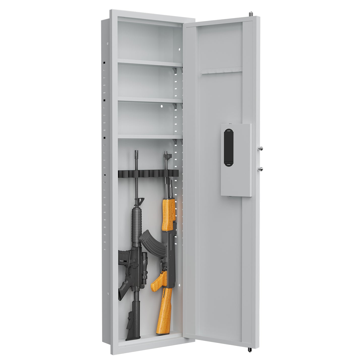 53" Fingerprint Touch Panel In-Wall Safe,Hidden Wall Gun Safe for Rifles with Adjustable Shelves,Assembled Storage Multifunctional Wall Safe for Firearm and Valuables (White-Fingerprint)