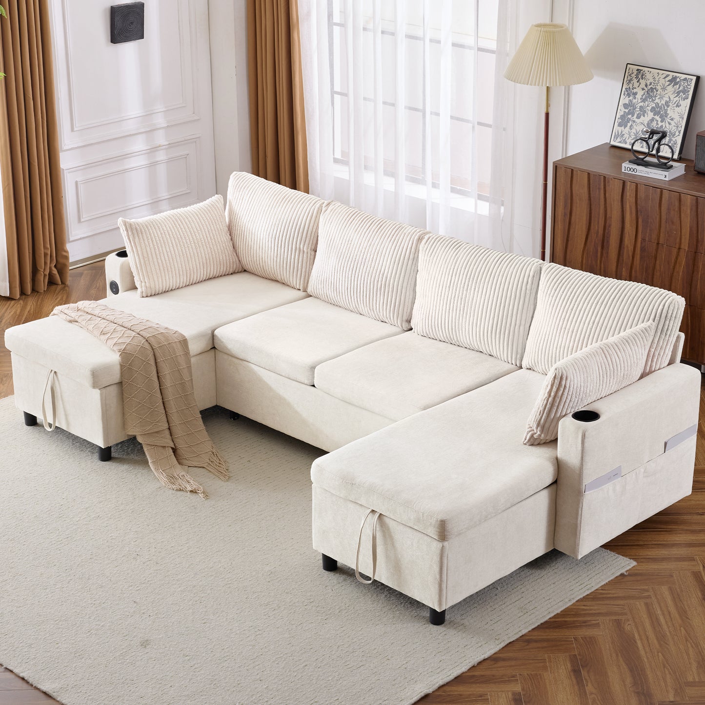 111.8" Sectional Sofa Pull-out Sofa Bed Versatile Sofa Sleeper with Large Storage Space, Two USB Ports and Two Cup Holders for Living Room, Beige