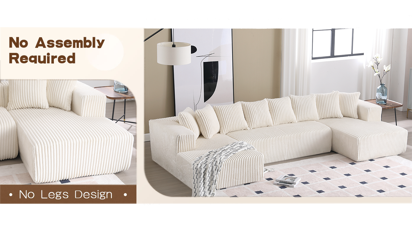 [NEW ARRIVED] [VIDEO PROVIDED]131'' Modular Sectional Couch, U-shaped sofa , Chaise Lounge, Striped fabric,Upholstered 4 Seater Couch for Living Room, Bedroom, Free Combination Sofa (Corduroy),White