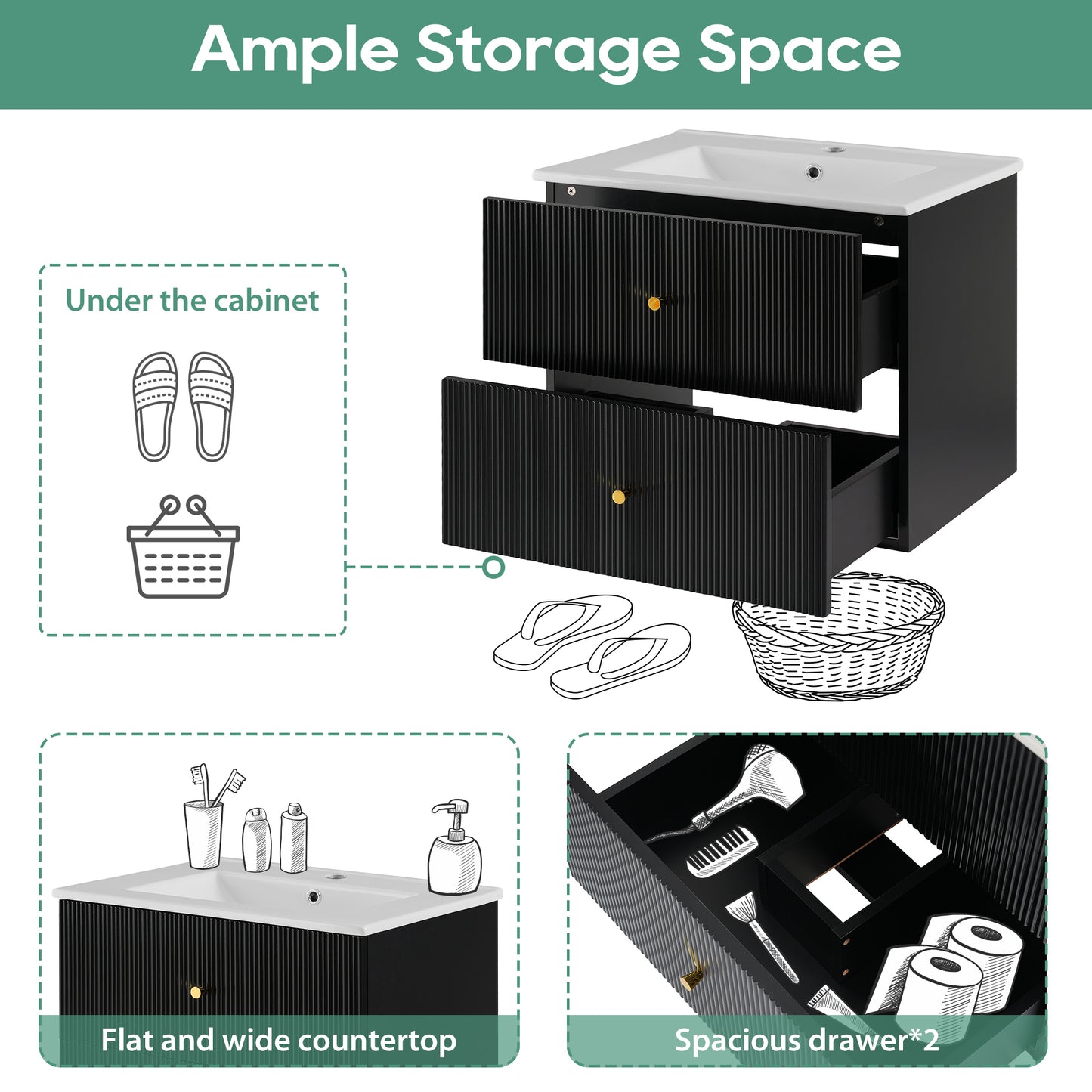 24-Inch Wall Mounted Bathroom Vanity with 2 Drawers - Ideal for Small Bathrooms