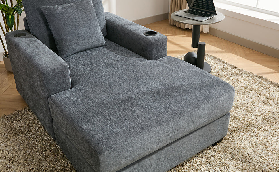 39.7" Oversized Chaise Lounger Modern Style Sofa Couch ,with Pillows, Charge Station & Cup Holders, Chenille Fabric, Blue Gray