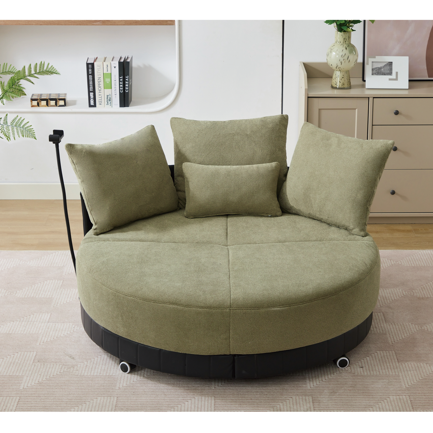 [NEW ARRIVED] [VIDEO PROVIDED]52.75'' Oversized Round Swivel  Chair,360° Swivel Chair, Couples chair,Adjustable phone stand,Swivel Chair,Rotating pulley,Polyester(Anti-Wrinkle),Green