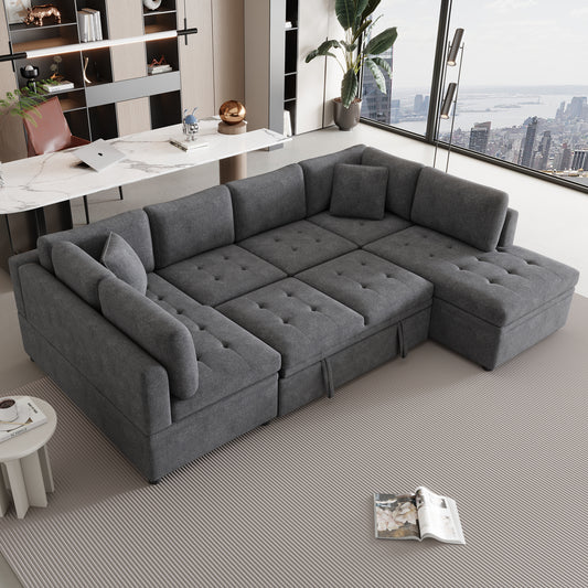 117.3" Oversized Sectional Sofa U- shaped Sofa Couch Pull-out Sofa Bed with Two Throw Pillows for Living Room, Gray