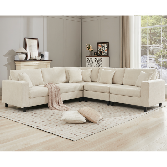 [NEW PACKAGING UPGRADE]Oversized Modular Sectional Sofa Set, L Shaped Couch,Corduroy ,Upholstered,Deep Seat,,5 Seat,5 Throw pillow and 6 back cushion,Living Room, Apartment ,Beige