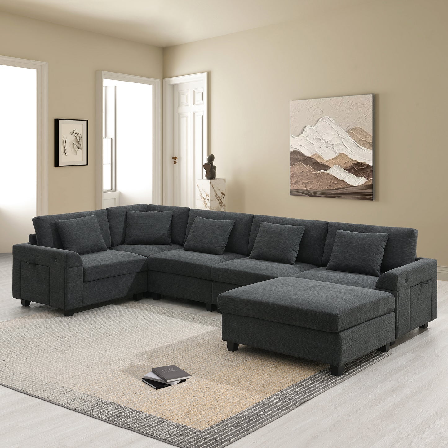 [New+Video]128*67" U Shaped Sectional Sofa,6 Seat Chenille Couch Set with Oversized Ottoman,Hidden Armrest Storage and Cup Holders,USB Charging Ports,Wide Seat Sofa for Living Room,Apartment,2 Colors