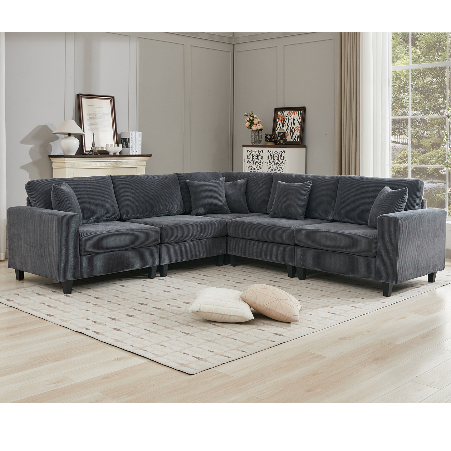 [NEW PACKAGING UPGRADE]Oversized Modular Sectional Sofa Set, L Shaped Couch,Corduroy ,Upholstered,Deep Seat,,5 Seat,5 Throw pillow and 6 back cushion,Living Room, Apartment , Gray