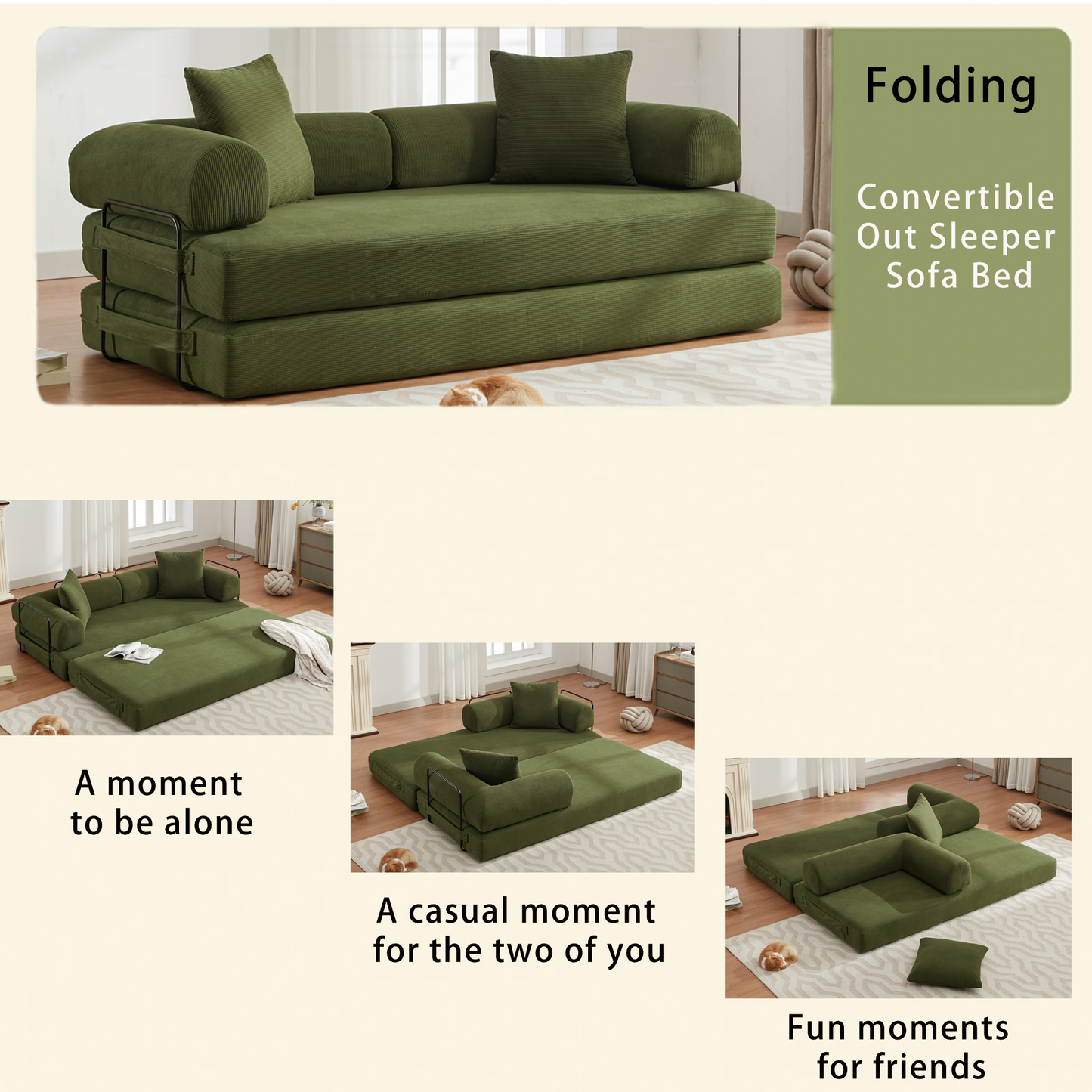 [NEW ARRIVED] [VIDEO PROVIDED] 78.5" Folding Convertible Out Sleeper Sofa Bed,4-in-1 DIY Combination Convertible  Sofa, 3 seat, Folding Sleeper Sofa, King Size , Bedroom,Apartment,Corduroy,Green