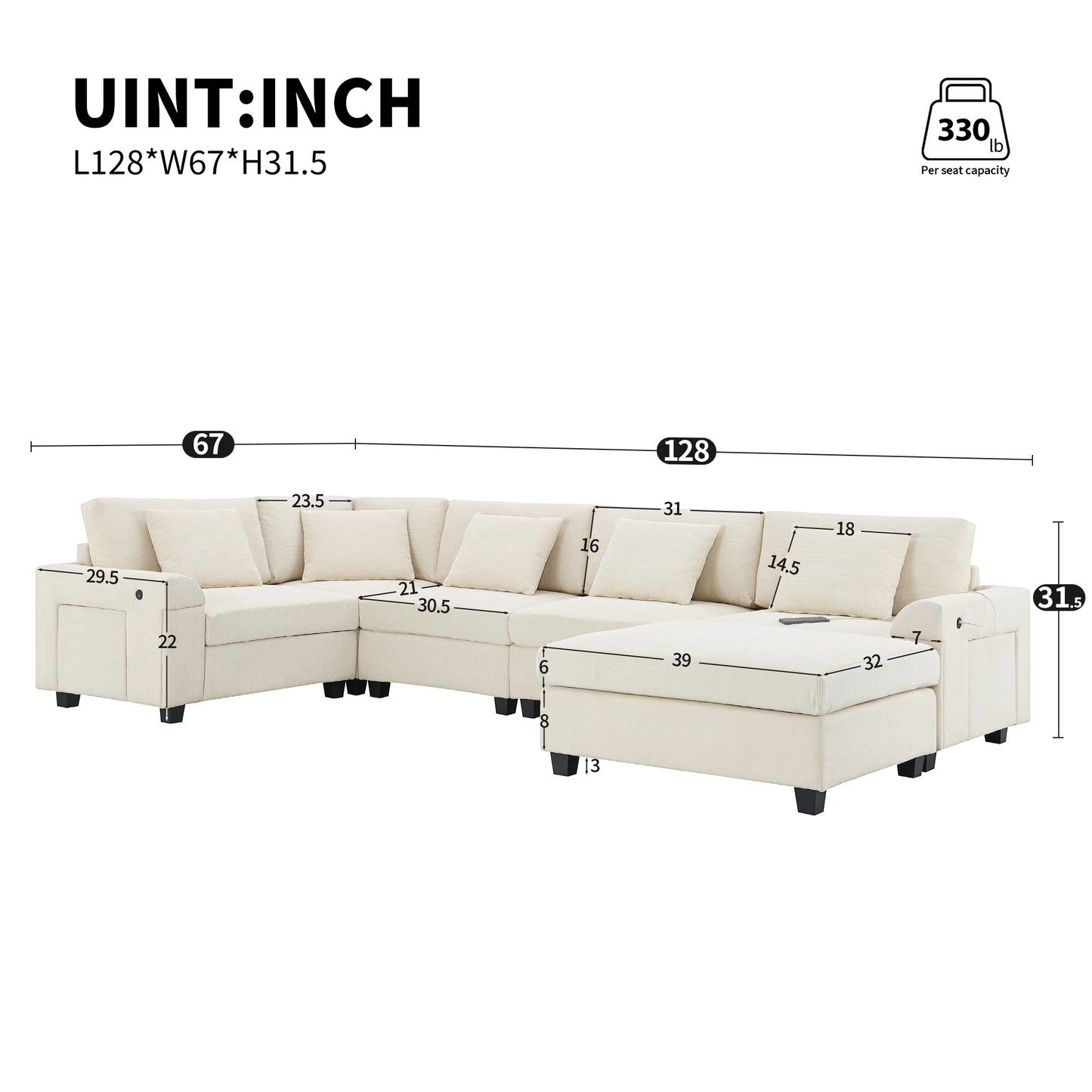 [New+Video]128*67" U Shaped Sectional Sofa,6 Seat Chenille Couch Set with Oversized Ottoman,Hidden Armrest Storage and Cup Holders,USB Charging Ports,Wide Seat Sofa for Living Room,Apartment,2 Colors