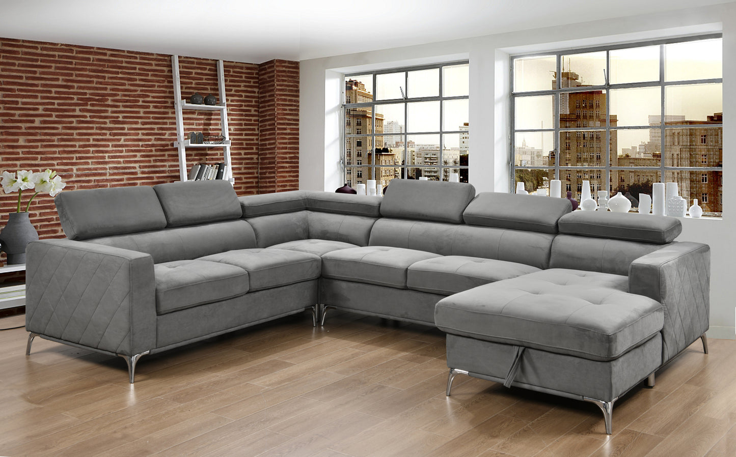 122 inch Oversized Sectional Sofa Couch with Chaise Storage, Contemporary U-Shaped 7-Seater Sofa with Adjustable Headrests for Living Room,Gray