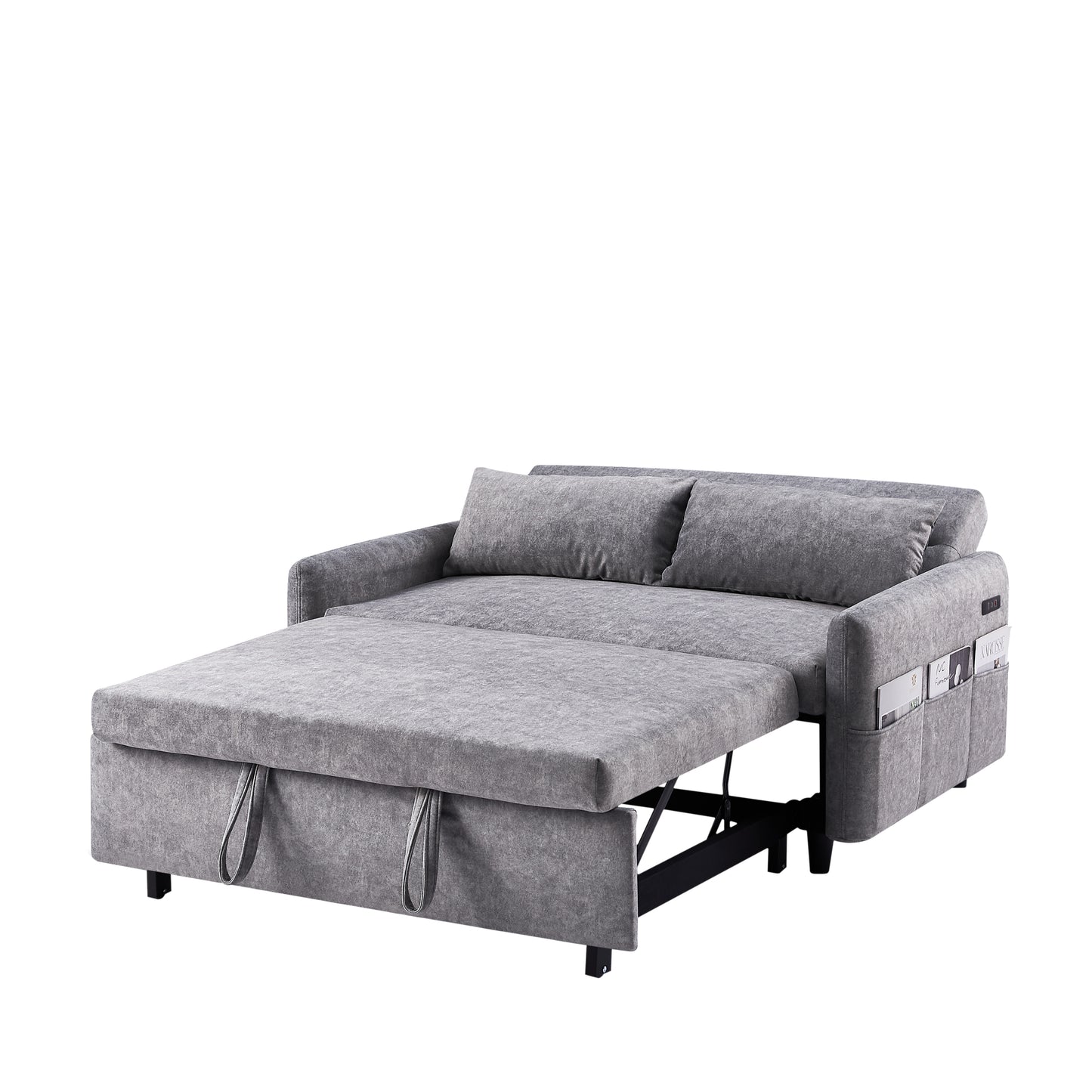 55.1" Pull Out Sleep Sofa Bed Loveseats Sofa Couch with Adjsutable Backrest, Storage Pockets, 2 Soft Pillows, USB Ports for Living Room, Bedroom, Apartment, Office,Grey (Old SKU:WF315689AAE)