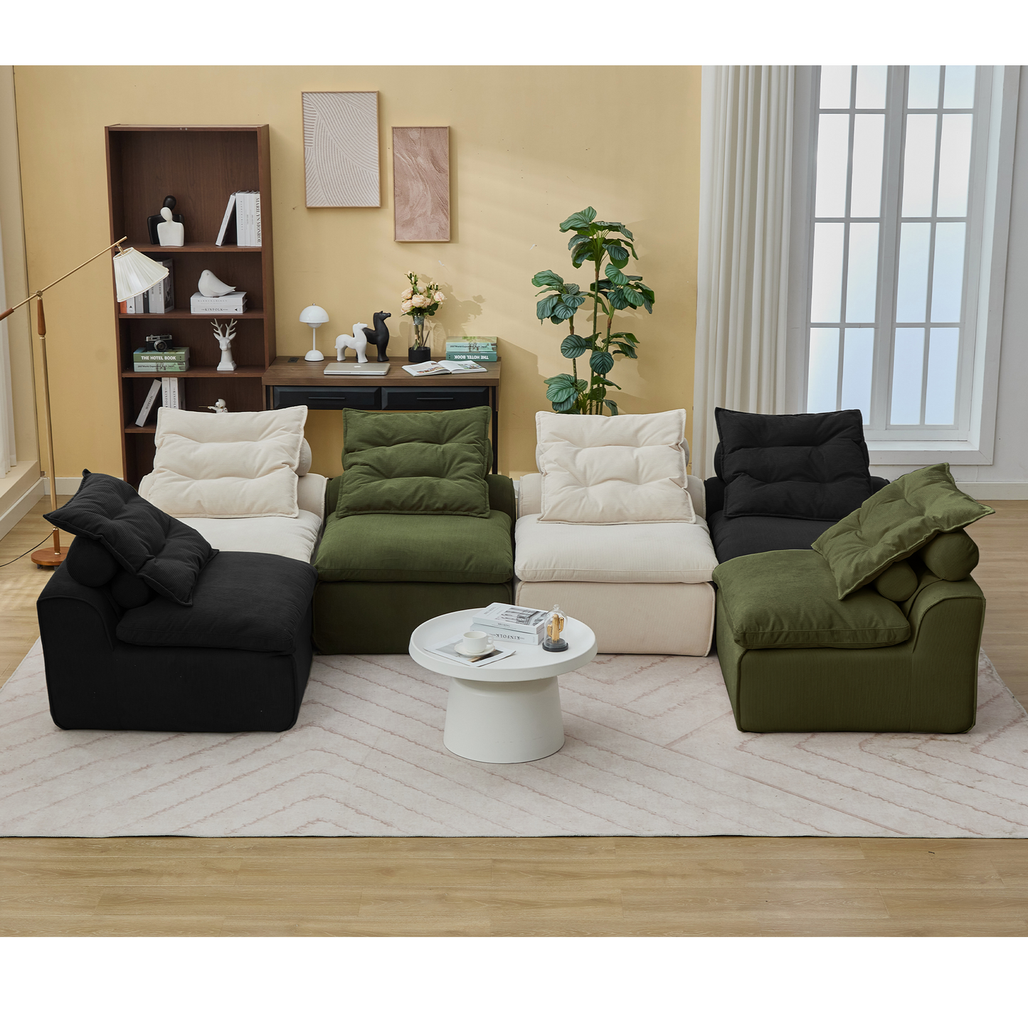 [NEW ARRIVED] [VIDEO PROVIDED]Modular Sofa,No Armrests,At will DIY,Corduroy ,Neck Pillow-Back Lounge Sofa Chair,Reading Nook, or Apartment Living, Lumbar Pillow,6 Seats,Upholstered,Beige,Green ,Black