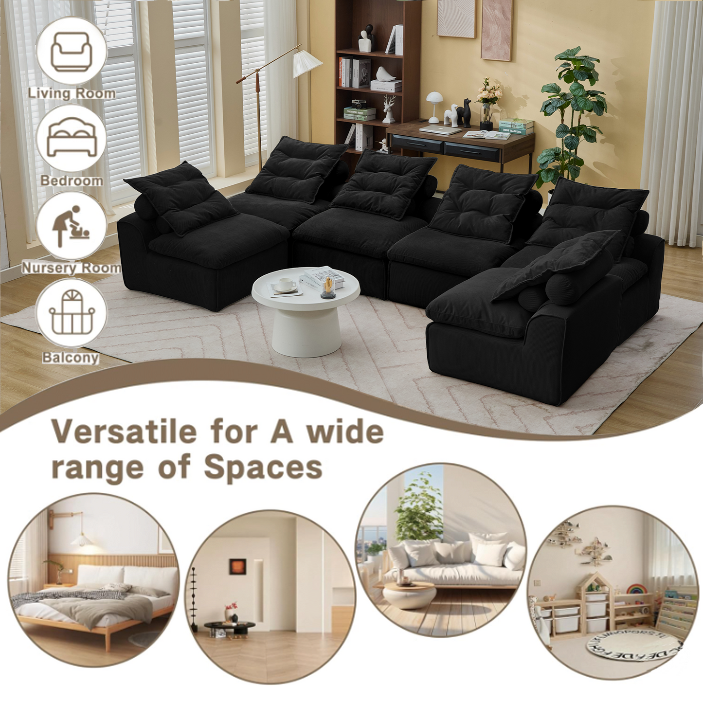 [NEW ARRIVED] [VIDEO PROVIDED]Modular Sofa,No Armrests,At will DIY,Corduroy ,Neck Pillow-Back Lounge Sofa Chair,Reading Nook, or Apartment Living, Lumbar Pillow,6 Seats,Upholstered,Black