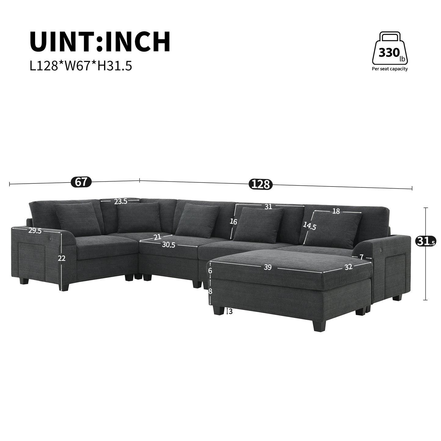 [New+Video]128*67" U Shaped Sectional Sofa,6 Seat Chenille Couch Set with Oversized Ottoman,Hidden Armrest Storage and Cup Holders,USB Charging Ports,Wide Seat Sofa for Living Room,Apartment,2 Colors