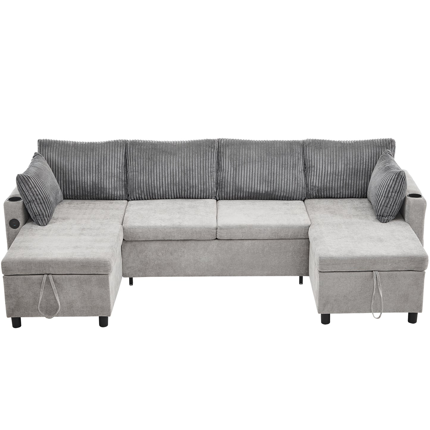 111.8" Sectional Sofa Pull-out Sofa Bed Versatile Sofa Sleeper with Large Storage Space, Two USB Ports and Two Cup Holders for Living Room, Grey