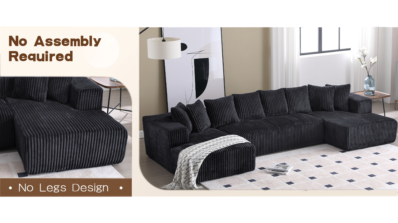 [NEW ARRIVED] [VIDEO PROVIDED]131'' Modular Sectional Couch, U-shaped sofa , Chaise Lounge, Striped fabric,Upholstered 4 Seater Couch for Living Room, Bedroom, Free Combination Sofa (Corduroy),Black