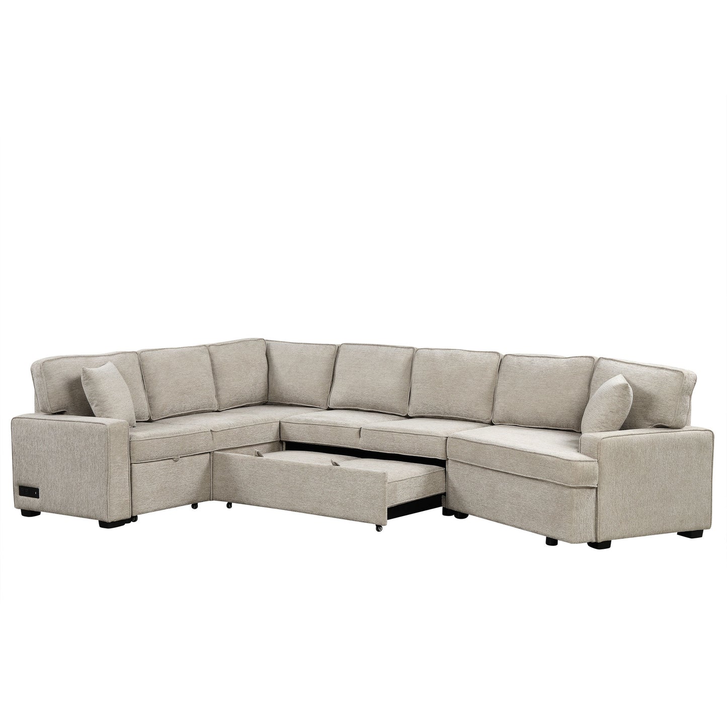 126" L-shaped Sofa Sectional Sofa Couch Pull-out Sofa Bed with Charging Devices and Cup Holders for Living Room, Beige